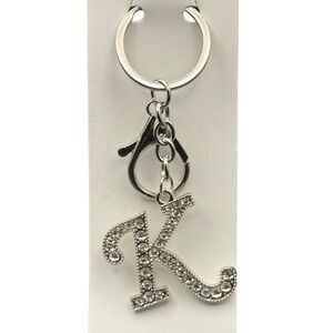 Silver Tone Rhinestone Letter K Initial Keychain Bag Charm Sparkly Monogram